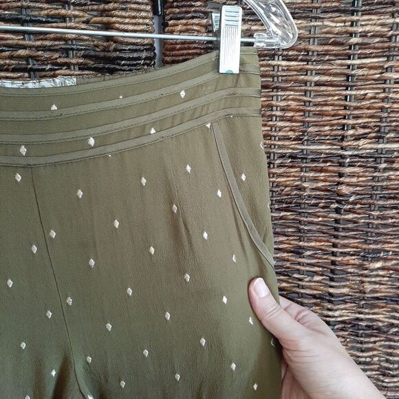 Anthropologie Elevenses Embroidered Womens Pants 2 Green Metallic Cropped Lined - Picture 5 of 9